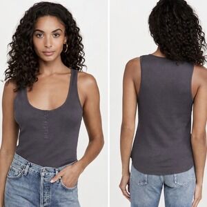 Ulla Johnson Ribbed Henley Tank Top Blue Gray Cotton Button Up Sleeveless Large